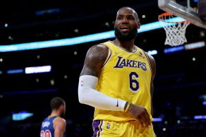 LeBron James of the LA Lakers reacts after his basket and Golden State Warriors foul during a 124-116 Lakers win at Crypto.com Arena on Saturday in Los Angeles, California.