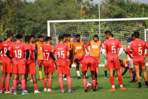 Kenkre FC coach addressing their players during a training session ahead of their season opener against Real Kashmir FC - Image Courtesy: I-League Twiter