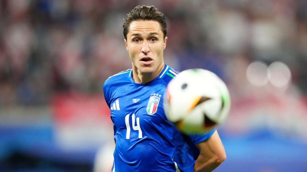 Italy's Federico Chiesa controls the ball during a Group B match between Croatia and Italy at the Euro 2024 soccer tournament in Leipzig, Germany, Monday, June 24, 2024. (AP Photo/Ebrahim Noroozi)