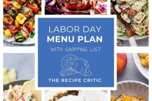 A collage of 6 images and a graphic that says " labor day menu plan with shopping list".