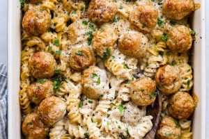 Overhead shot of Swedish meatball casserole.