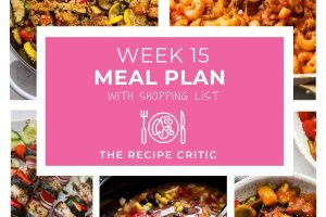 A collage of 5 photos with the text weekly meal plan 15 with shopping list