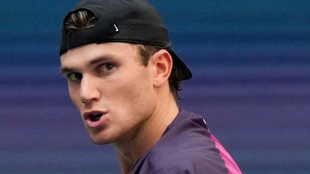 Jack Draper, of Great Britain, reacts after scoring a point against Jannik Sinner, of Italy, during the men's singles semifinal of the U.S. Open tennis championships, Friday, Sept. 6, 2024, in New York. (AP Photo/Frank Franklin II)