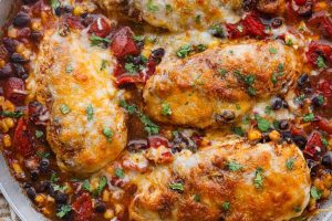 Overhead shot of cowboy chicken in a skillet.