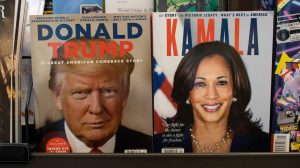 Magazines with Donald Trump and Kamala Harris on the covers