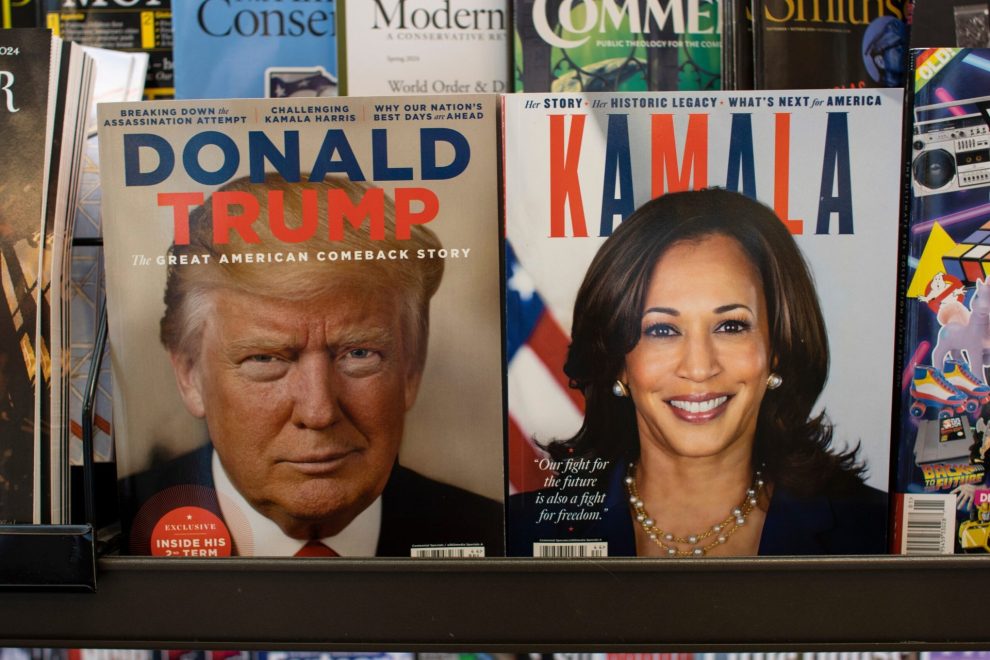 Magazines with Donald Trump and Kamala Harris on the covers