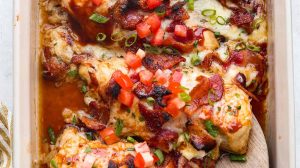 Overhead shot of Monterey chicken in a baking dish.