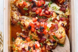 Overhead shot of Monterey chicken in a baking dish.