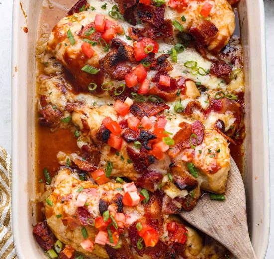 Overhead shot of Monterey chicken in a baking dish.