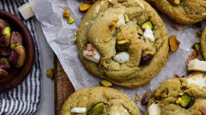 Overhead shot of baked pistachio pudding cookies.