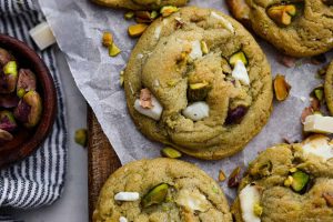 Overhead shot of baked pistachio pudding cookies.