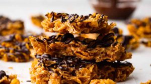 Side shot of stacked pieces of cornflake brittle crack.