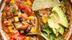 Overhead shot of a bowl of creamy taco soup.