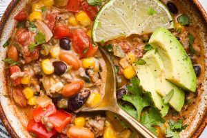 Overhead shot of a bowl of creamy taco soup.