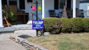 Dayton, Ohio USA September 5, 2024: A Trump yard sign on display in front of a residence.