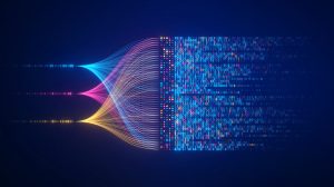 Colorful streams of data flowing into colorful binary info.