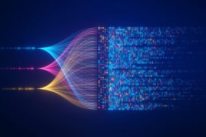 Colorful streams of data flowing into colorful binary info.