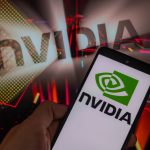 Nvidia logo on smart phone with GPU in the background.