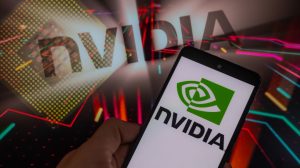 Nvidia logo on smart phone with GPU in the background.