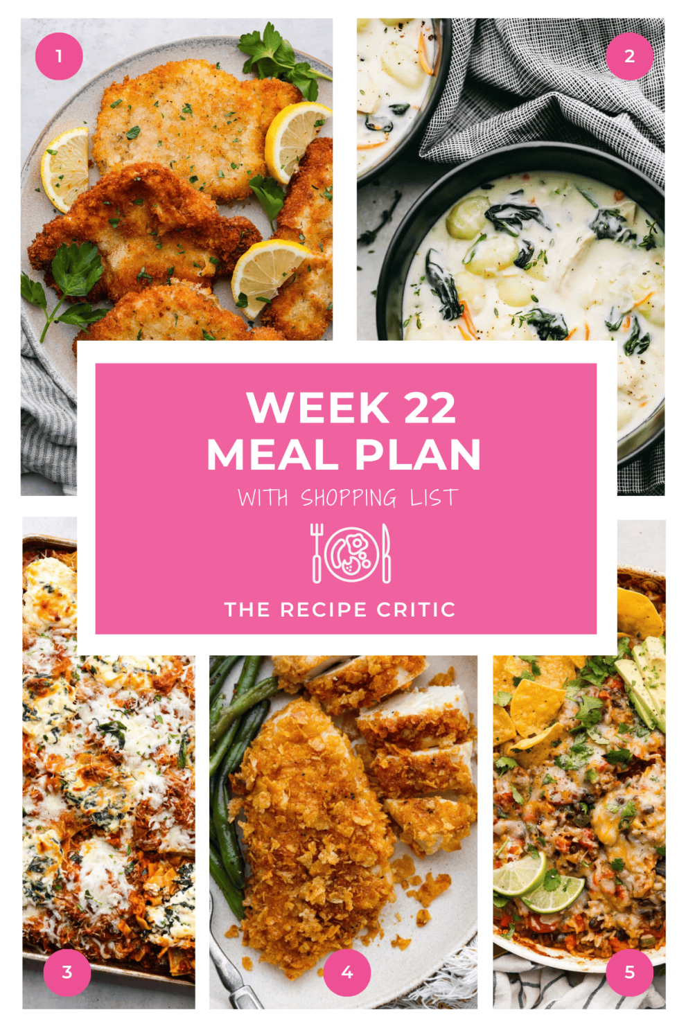 A collage of 5 photos and a graphic that says week 22 meal plan with shopping list.