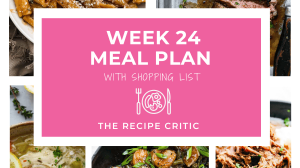 A collage of 5 photos for a meal plan along with a graphic that says week 2 meal plan with shopping list.