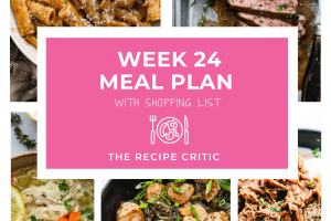 A collage of 5 photos for a meal plan along with a graphic that says week 2 meal plan with shopping list.